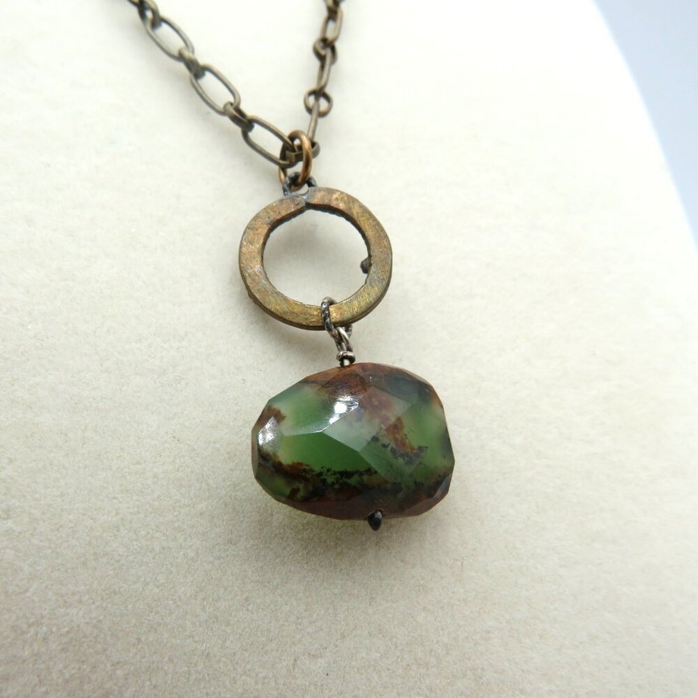 Vintage Handmade Artisan‎ Necklace Jasper Gemstone Brass Chain Dangle Pendant - Picture 5 of 6
